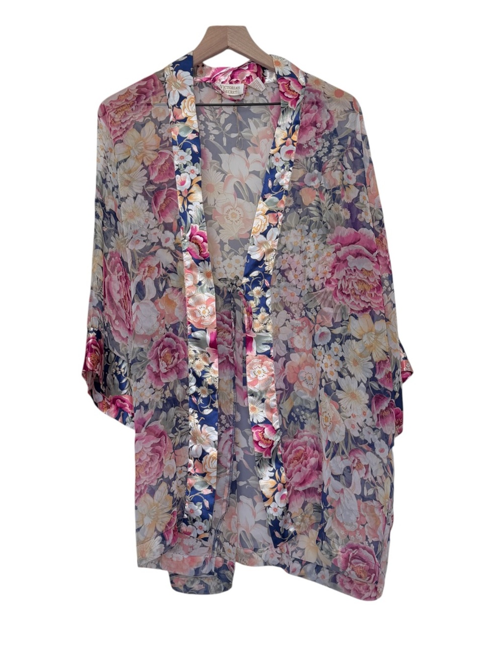 VS Victoria's Secret Robe Floral Satin Trim Kimono Gold Label Sheer Vintage